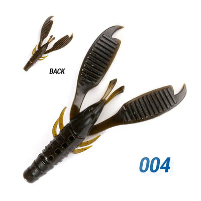 Dark brown craw flapper soft plastic jig trailer with gold highlights, back view