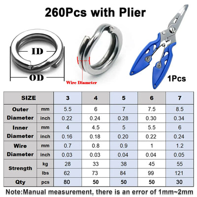 260-piece silver split rings with blue-handled pliers, size and wire diameter chart