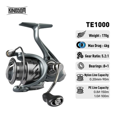 Spinning fishing reel with spare spool, gray metal body and black knob handle