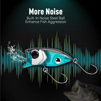 Floating popper fishing lure, turquoise-blue body with white face and black eye, twin hooks