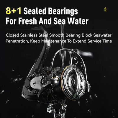 Sealed spinning reel with black body and gold trim, shown with water splash effect