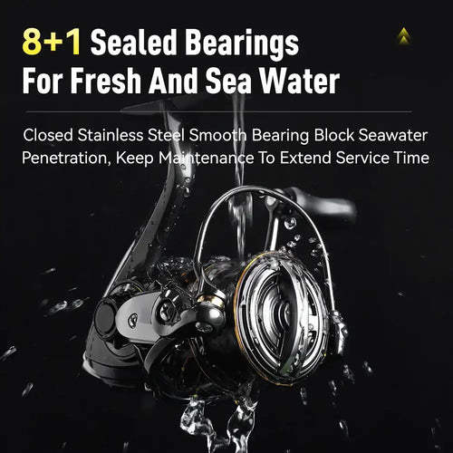 Sealed spinning reel with black body and gold trim, shown with water splash effect