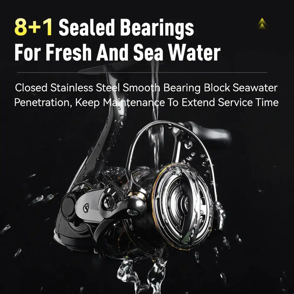 Sealed spinning reel with black body and gold trim, shown with water splash effect