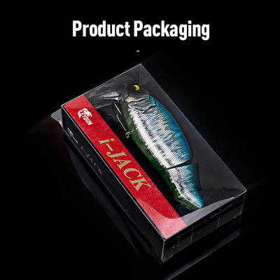 Fishing lure boxed in clear plastic package with red and blue branding insert