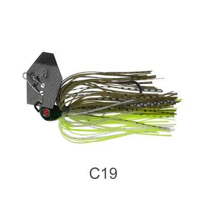Chatterbait bladed jig with olive and neon green skirt, dark gray blade, red-and-black eye