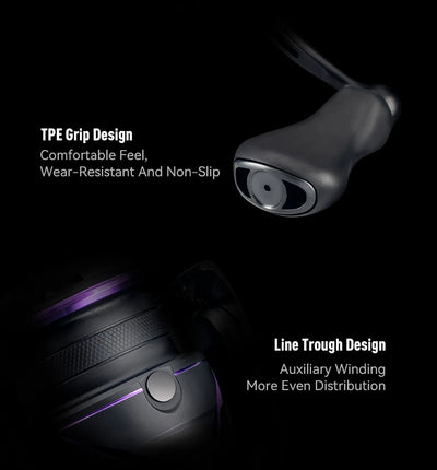 Black spinning reel with TPE-style handle grip and line guide opening detail