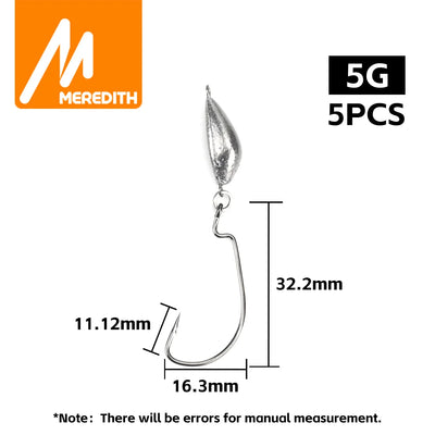 5G jig lead head weedless hook, 5pcs, curved hook with size diagram