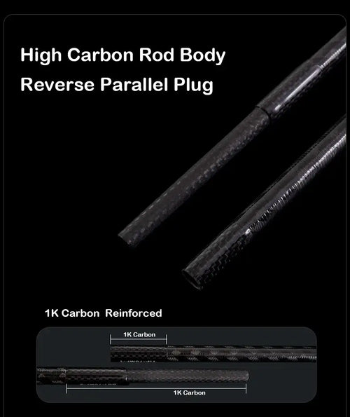 High carbon fishing rod body showing reverse parallel plug and 1K carbon