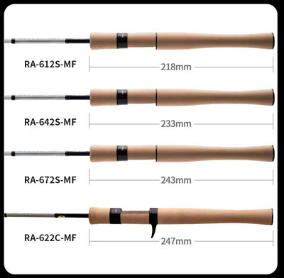 Fishing rod length diagram showing RA-612S-MF through RA-622C-MF