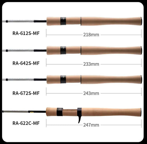 Fishing rod length diagram showing RA-612S-MF through RA-622C-MF