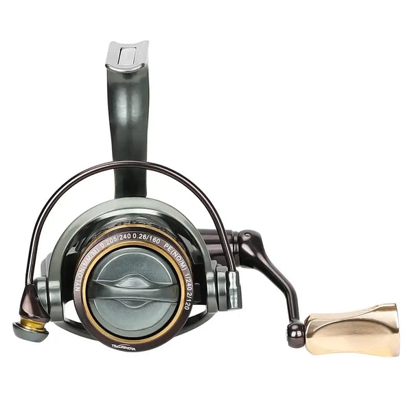 Spinning reel with large silver/green front housing, gold spool cap, and side handle