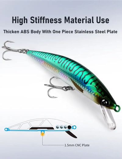 Green and silver sinking minnow lure with three treble hooks and metal rings