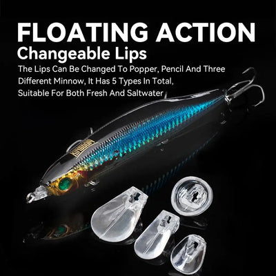 Floating pencil popper lure with 4 replaceable clear lips, teal-blue body, treble hooks
