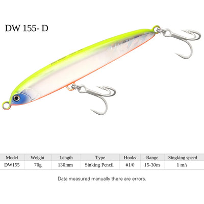 Chartreuse and orange sinking pencil fishing lure with treble hooks, DW155-D color