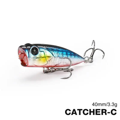 Tsurinoya CATCHER 40F popper lure, iridescent blue-green body with red lip and treble hooks