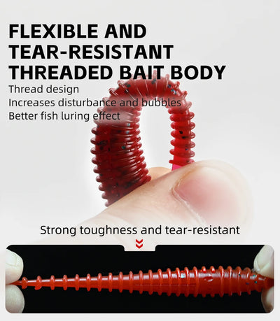 Soft T-tail silicone fishing lure, red ribbed body with tapered paddle tail end
