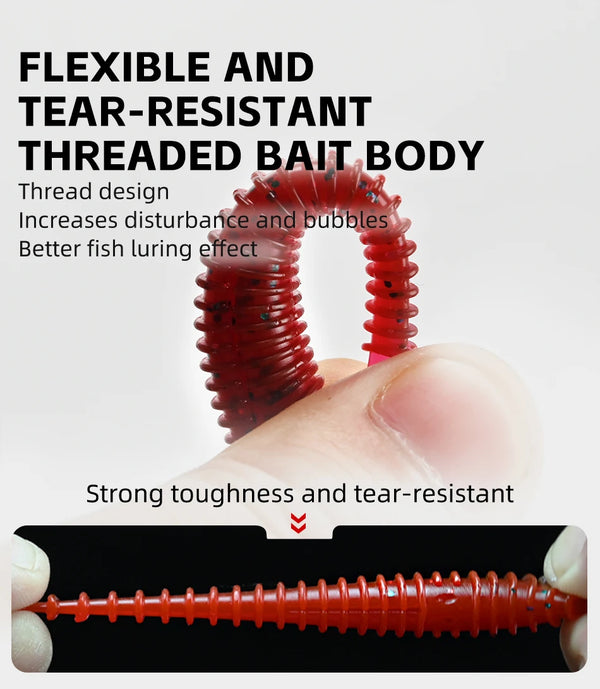 Soft T-tail silicone fishing lure, red ribbed body with tapered paddle tail end