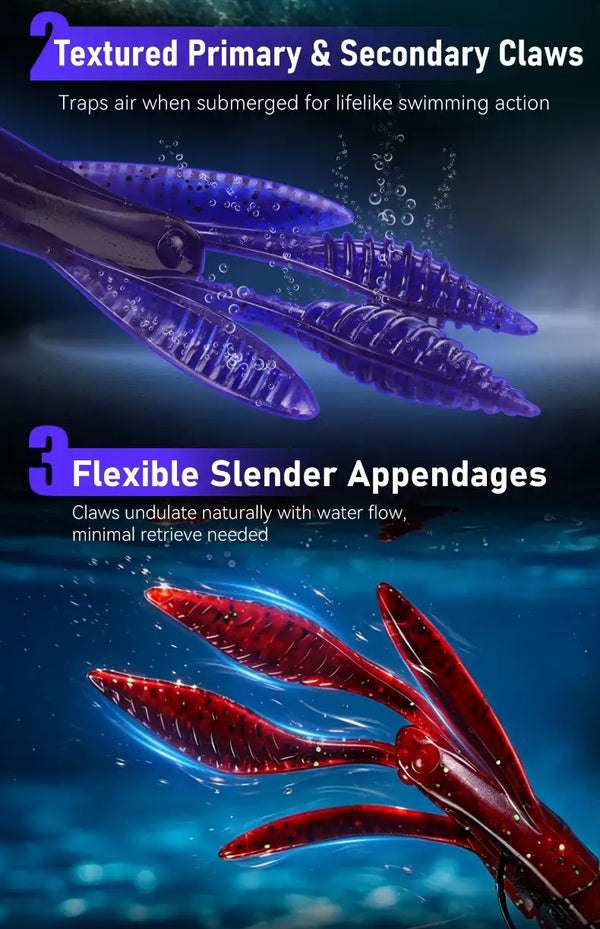 Purple and red PVC soft crawfish lures with textured claws and flexible appendages