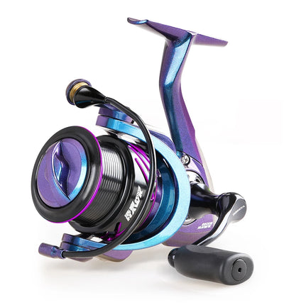 Blue-purple spinning reel with metal spool and black handle grips