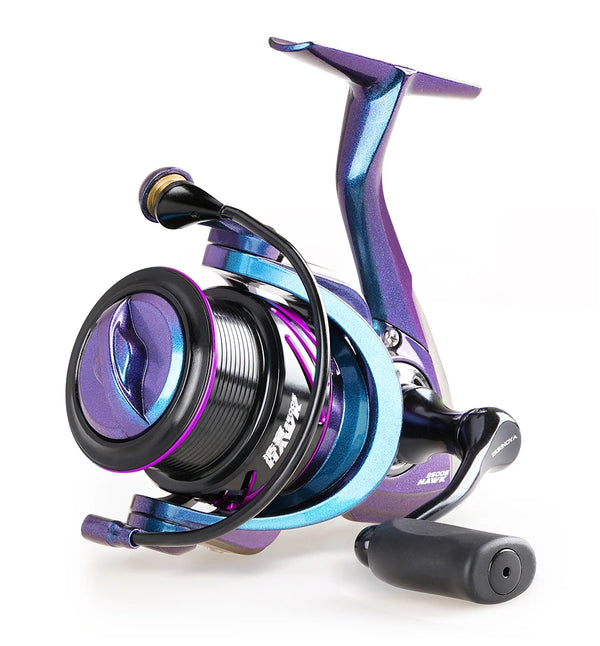 Blue-purple spinning reel with metal spool and black handle grips