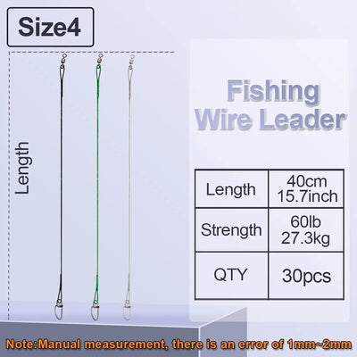 Fishing wire leader set 40lb 40cm, 30pcs, crosslock snap barrel swivels (green/black/silver)