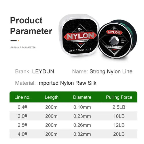 LEYDUN Super Strong Nylon Fishing Line 200m Japan Durable Monofilament Wire Sea Freshwater Main Line Leader Fishing Wire 2-20LB -  - Cast N Go