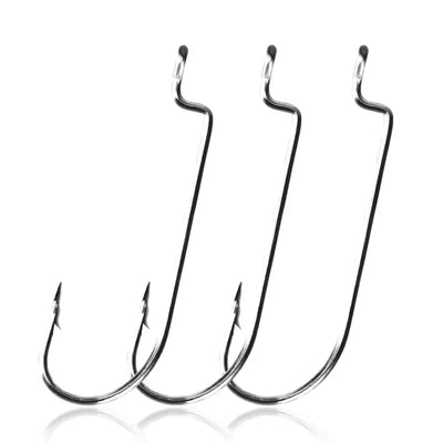 Three offset worm hooks with extra-wide gap and barbed points, dark steel