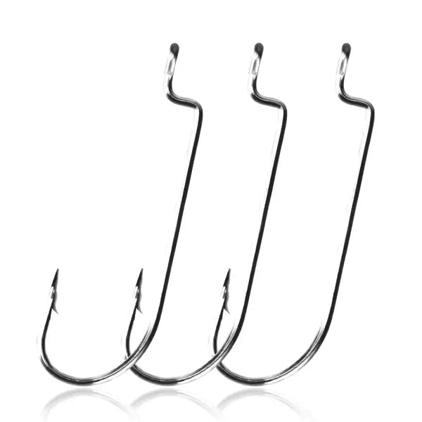 Three offset worm hooks with extra-wide gap and barbed points, dark steel