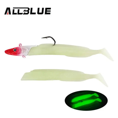 Soft paddle-tail fishing lure, pale green body with red head and black hook