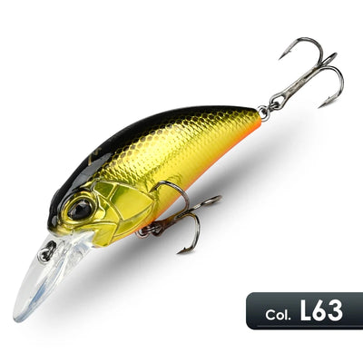 Crankbait lure with yellow body, black top, and chrome lip with treble hooks.