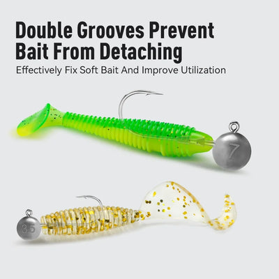 Triple-edge lead head hook on green and white soft plastic baits with double-row hook guards
