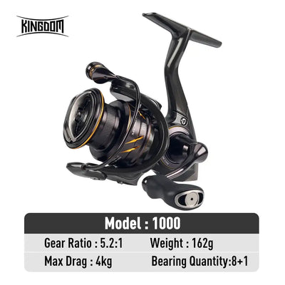 Black spinning reel with gold accents, fixed spool, curved handle and bail (Model 1000)