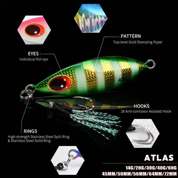 Green and gold striped metal fishing jig with red eye, 40g marking, skirt hooks and rings