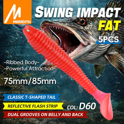 Meredith paddle tail soft plastic lure, bright red ribbed body, classic T-tail