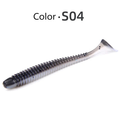 Soft paddle tail swimbait lure, Color S04: gray-black ribbed body with clear tail.