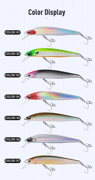 Sinking minnow diving lure color options display with seven finishes and treble hooks