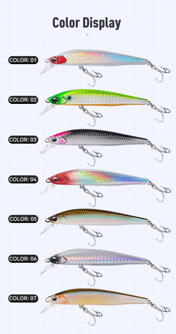 Sinking minnow diving lure color options display with seven finishes and treble hooks