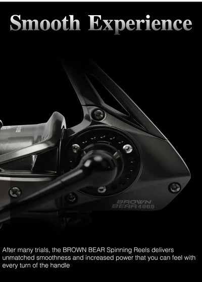 Black spinning reel with closed bail and round handle gear housing