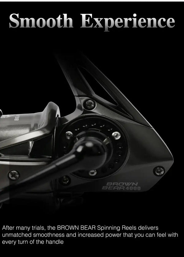 Black spinning reel with closed bail and round handle gear housing