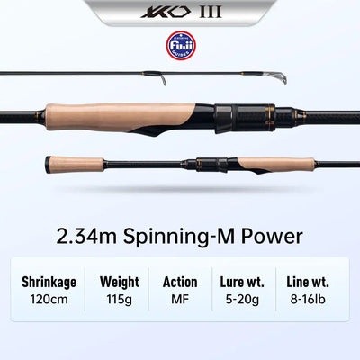 2.34m spinning fishing rod with cork handle and black carbon finish, MF action