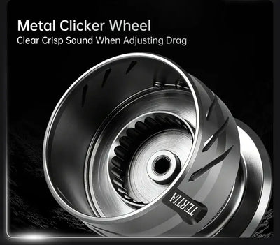 Spinning reel drag system with metal clicker wheel detail on spool