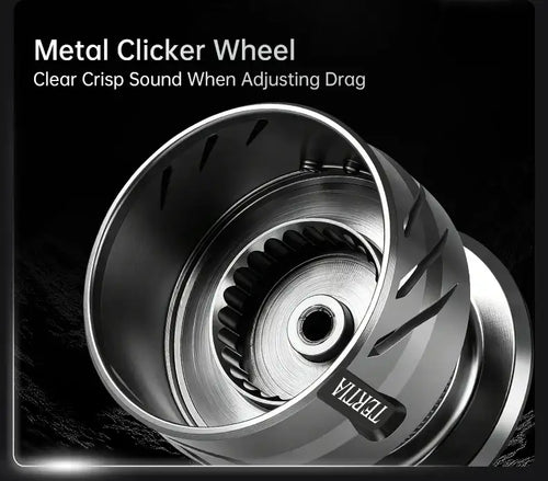 Spinning reel drag system with metal clicker wheel detail on spool