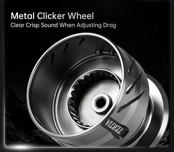Spinning reel drag system with metal clicker wheel detail on spool