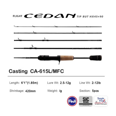 Casting fishing rod with black graphite blank and tan EVA handle, reel seat and guides