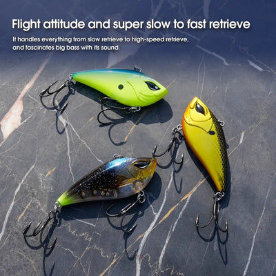 Three lipless crankbait lures: neon green, dark speckled, and yellow with treble hooks