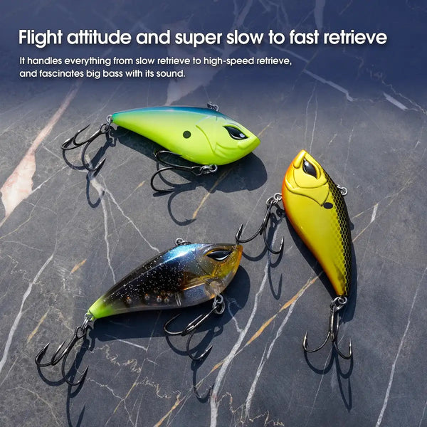 Three lipless crankbait lures: neon green, dark speckled, and yellow with treble hooks