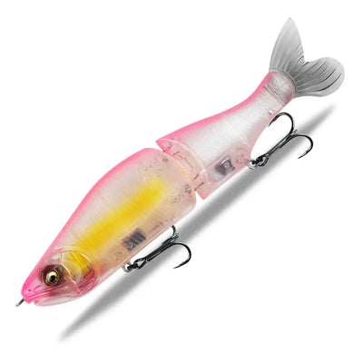 Jointed minnow fishing lure, pink and yellow gradient with translucent mesh body