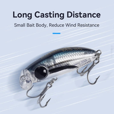 Silver micro minnow fishing lure with black back and treble hooks for long casting