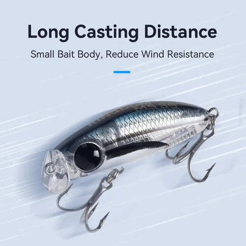 Silver micro minnow fishing lure with black back and treble hooks for long casting