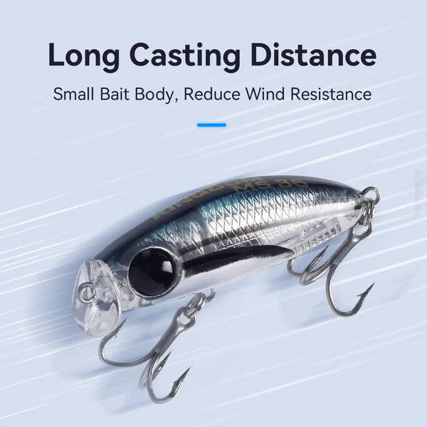 Silver micro minnow fishing lure with black back and treble hooks for long casting